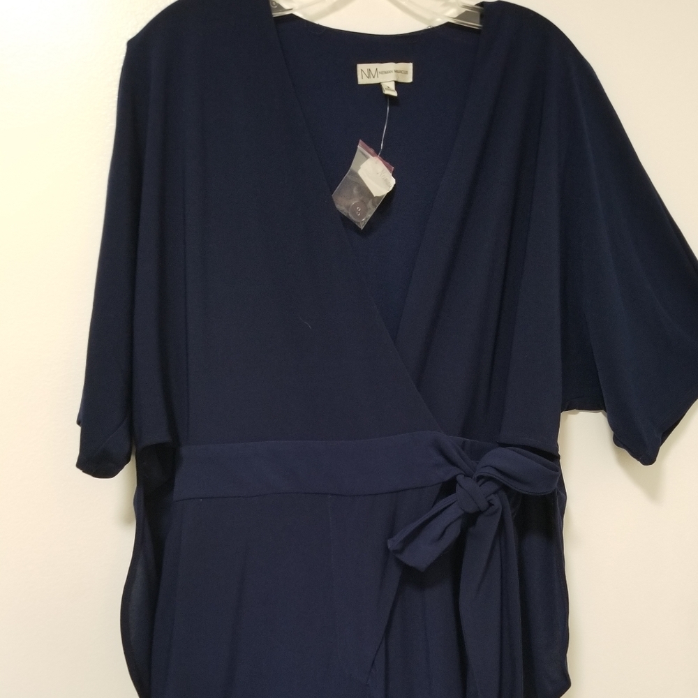 New Neiman Marcus Navy Blue Jersey Jumpsuit Wide Leg Stretch with Cape Size 8 - Picture 2 of 12